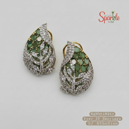 Pear-shaped earrings with green and white stones on a beige background, branded 'Sparkle by DJ'.