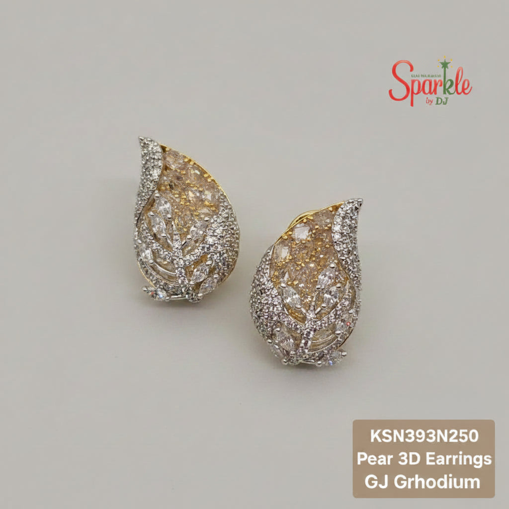 Pear-shaped 3D earrings in white rhodium on a beige background with 'Sparkle' branding.