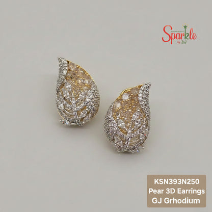 Pear-shaped 3D earrings in white rhodium on a beige background with 'Sparkle' branding.
