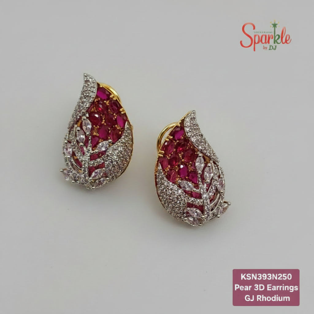 Pear-shaped 3D earrings with red gemstones and white rhodium on a beige background, branded 'Sparkle by DJ'.