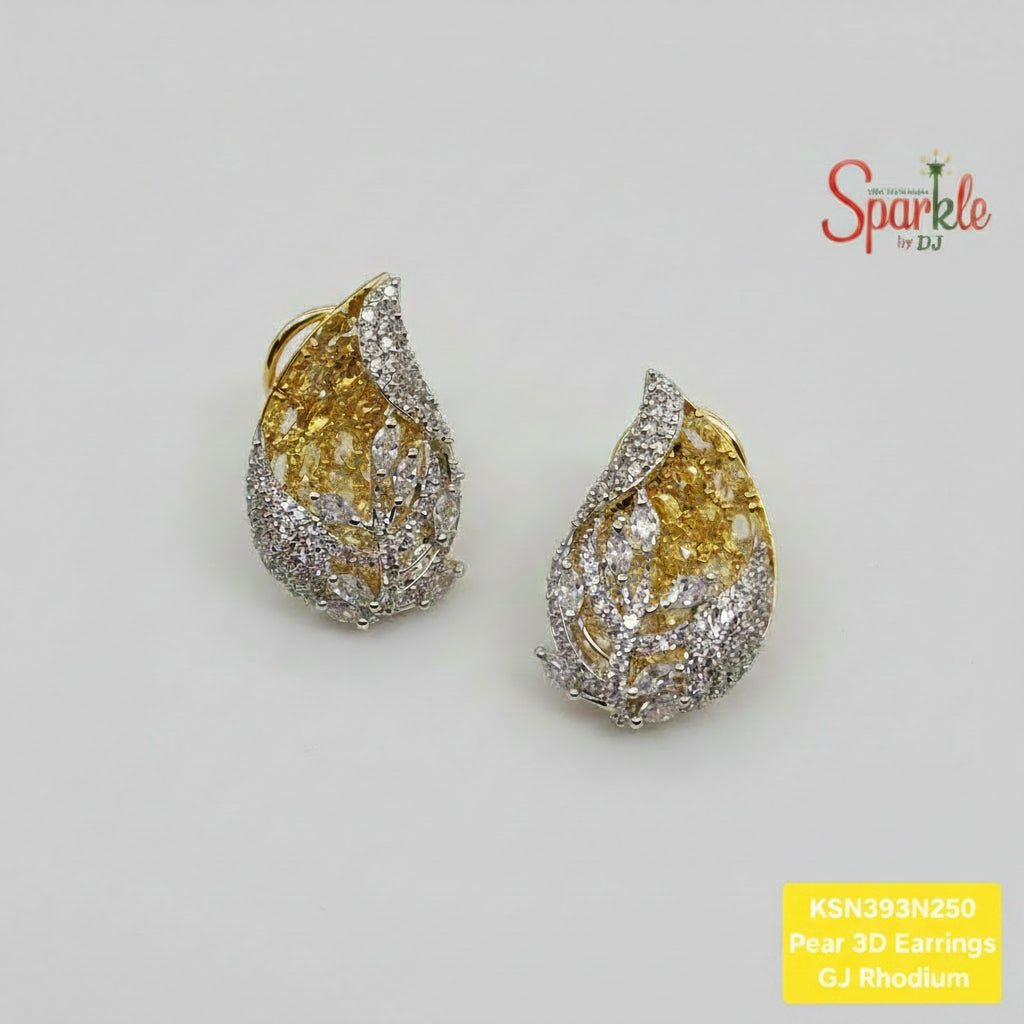 Gold and silver pear-shaped earrings on a beige background with 'SparklebyDJ' branding.