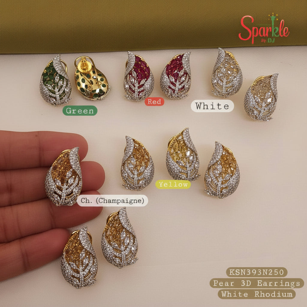 Set of pear-shaped earrings in various colors with a hand for scale on a white background.