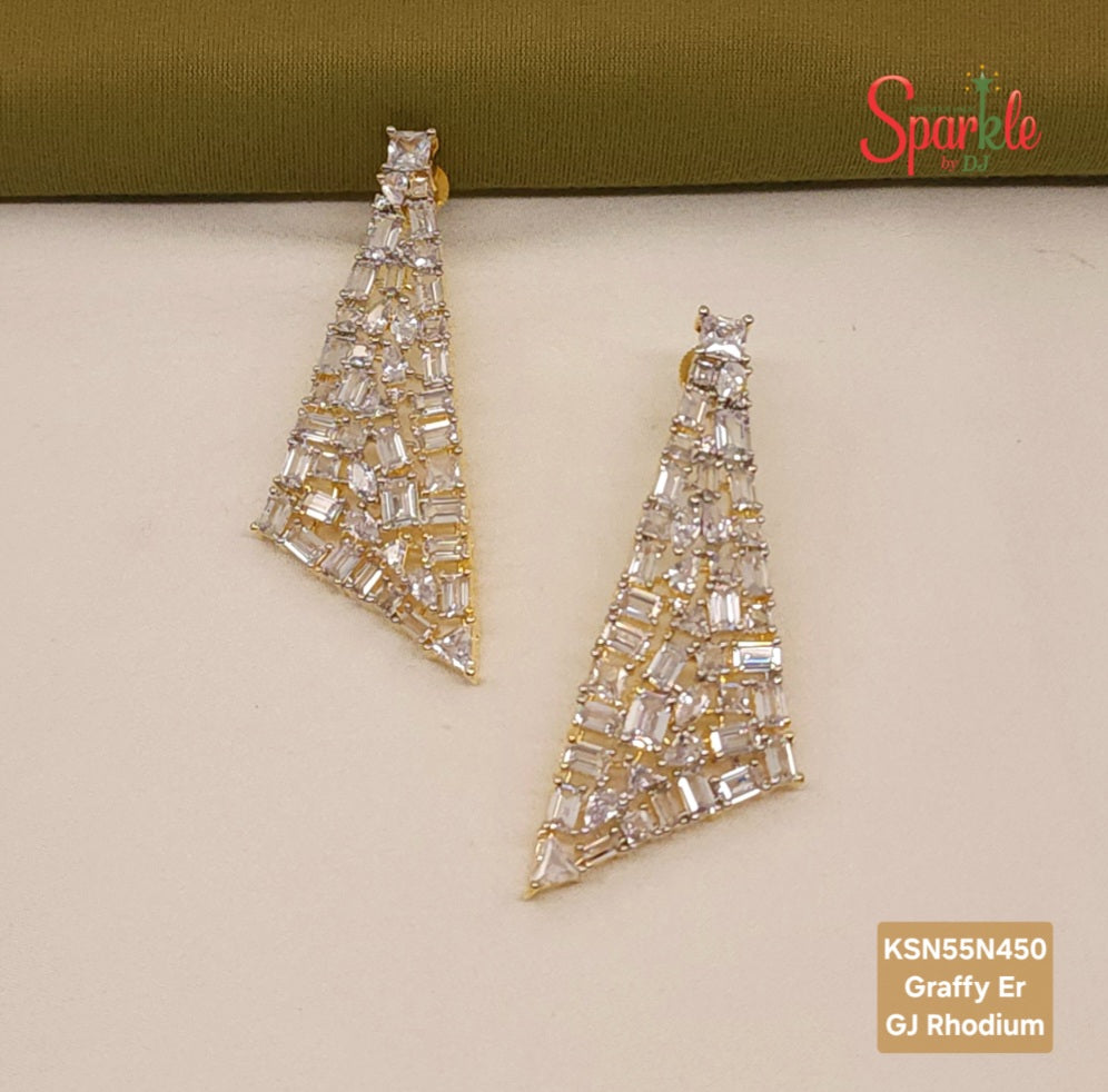 Designer triangular shaped fun earrings embellished with octagonal Korean zirconias