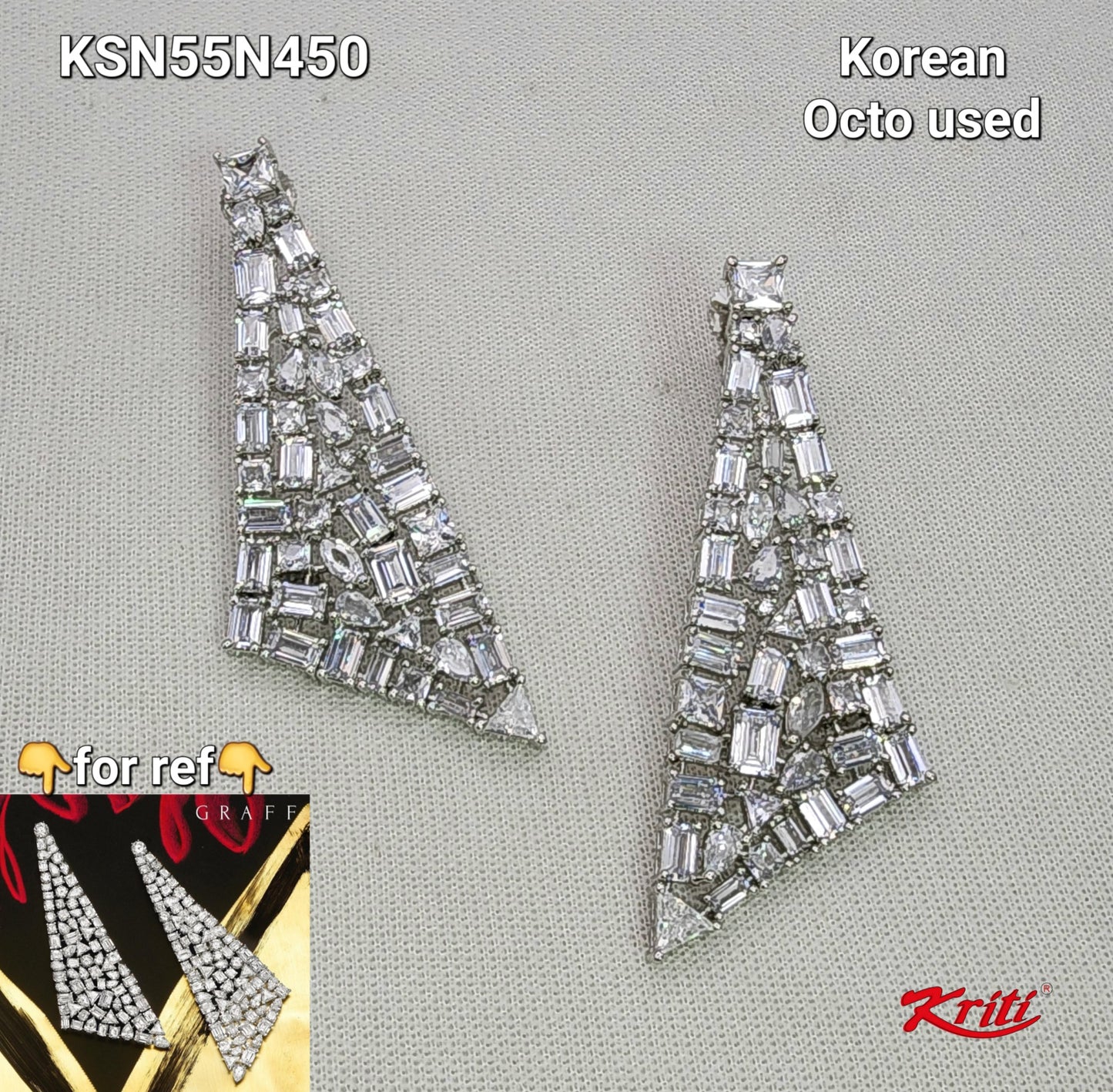 Designer triangular shaped fun earrings embellished with octagonal shaped Korean zirconias