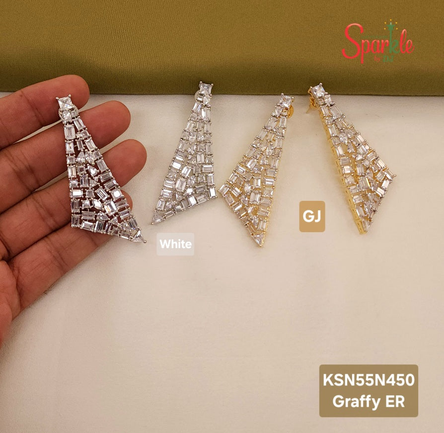 Designer triangular shaped fun earrings embellished with octagonal Korean zirconias