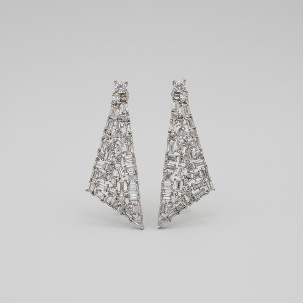 Designer triangular shaped fun earrings embellished with octagonal Korean zirconias