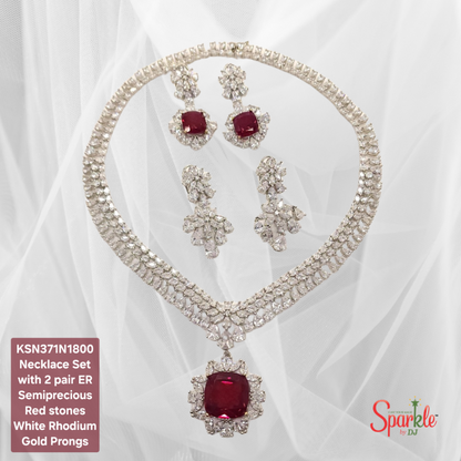 Cz Necklace Set embellished with semiprecious colour stones with 2 pair earrings