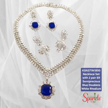 Cz Necklace Set embellished with semiprecious colour stones with 2 pair earrings