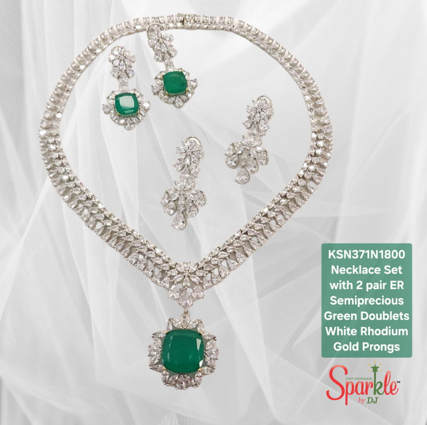 Cz Necklace Set embellished with semiprecious colour stones with 2 pair earrings