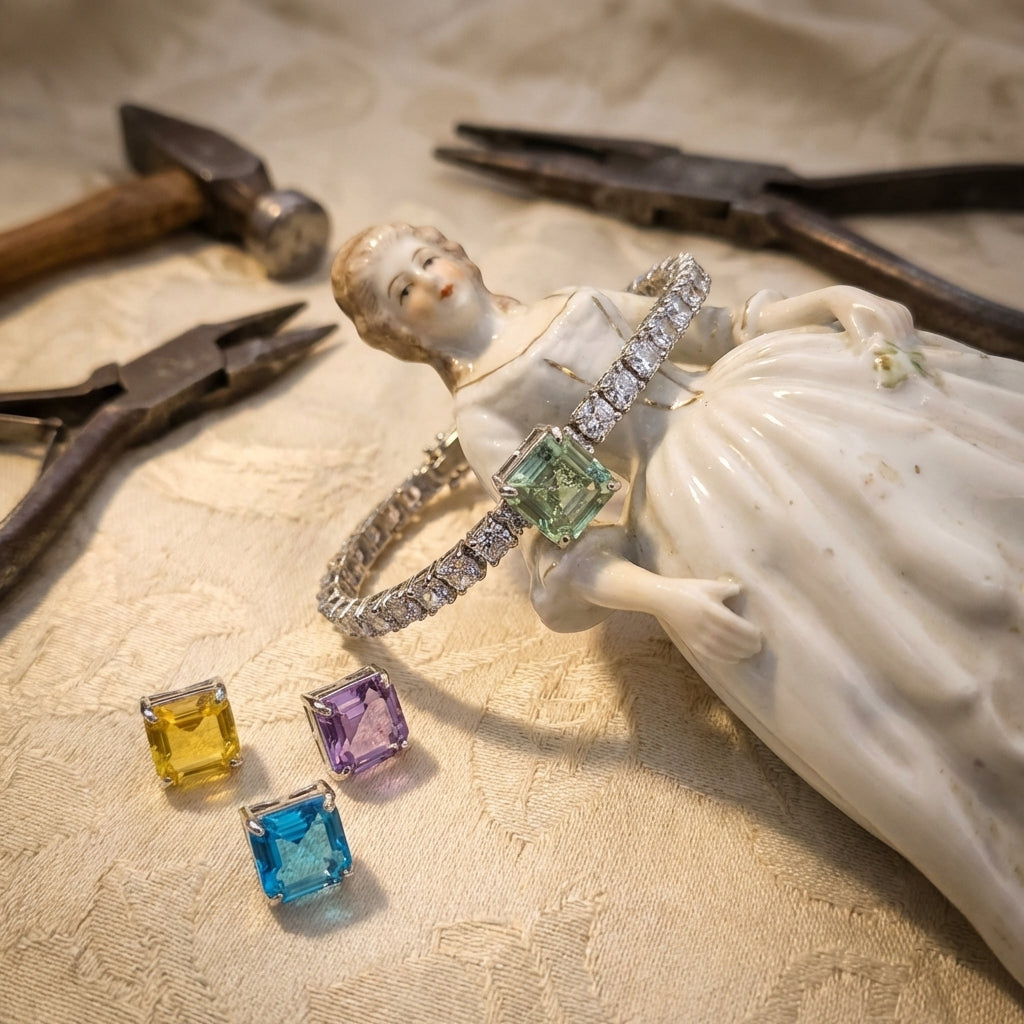 Artistic scene with CZ tennis bracelet draped over a porcelain figurine, emphasizing micro-details and elegant craftsmanship.