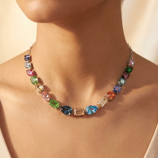 Close-up of a model’s neck with tiny multicolour Swarovski necklace, enhanced by soft studio lighting and shallow depth for micro-details.