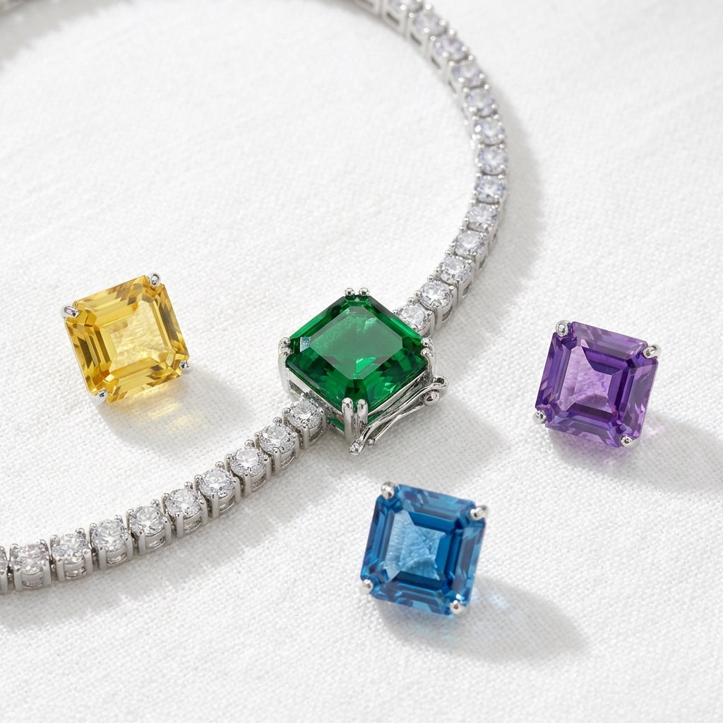 High-resolution flat lay of the CZ tennis bracelet displaying four interchangeable stones, emphasizing craftsmanship and micro-details.