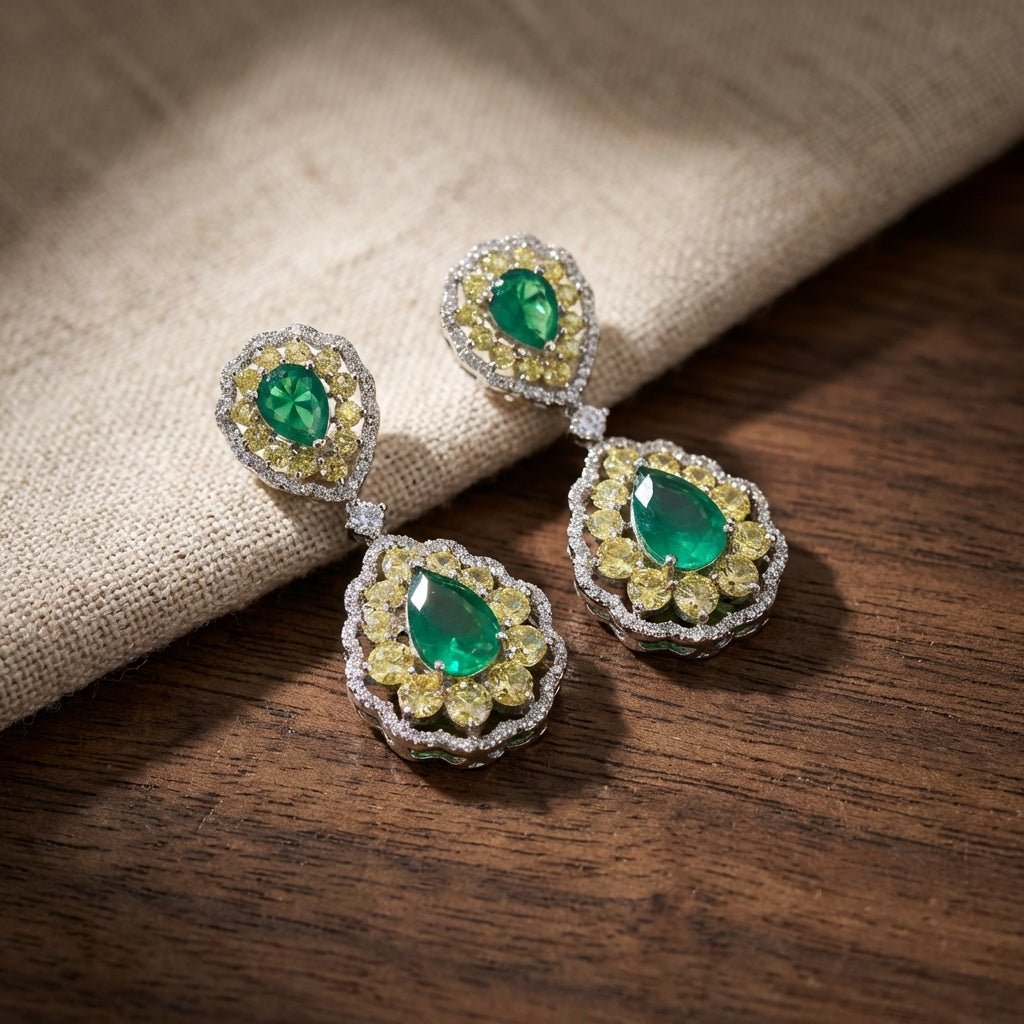 Tiny green doublet earrings placed on dark wood with linen cloth, emphasizing craftsmanship and layered gemstones in an elegant scene.