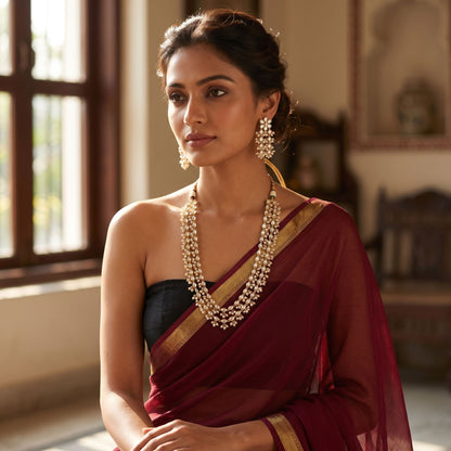Beautiful Indian woman in saree wearing a detailed Kundan and pearl multilayer necklace, showcasing elegance and traditional luxury.