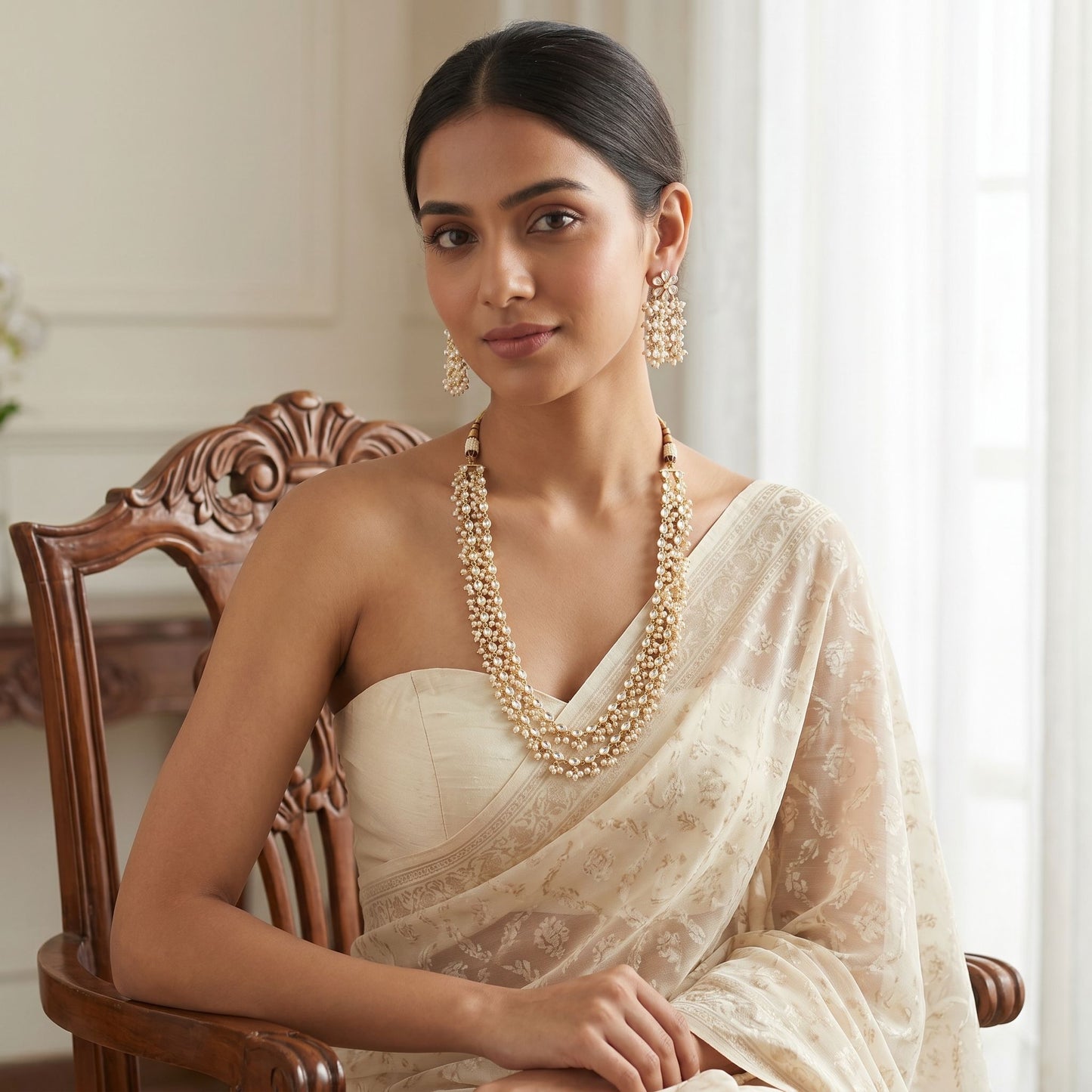 Close-up of a luxurious Kundan and pearl multilayer necklace on an Indian model in saree, highlighting detailed traditional craftsmanship and modern elegance.