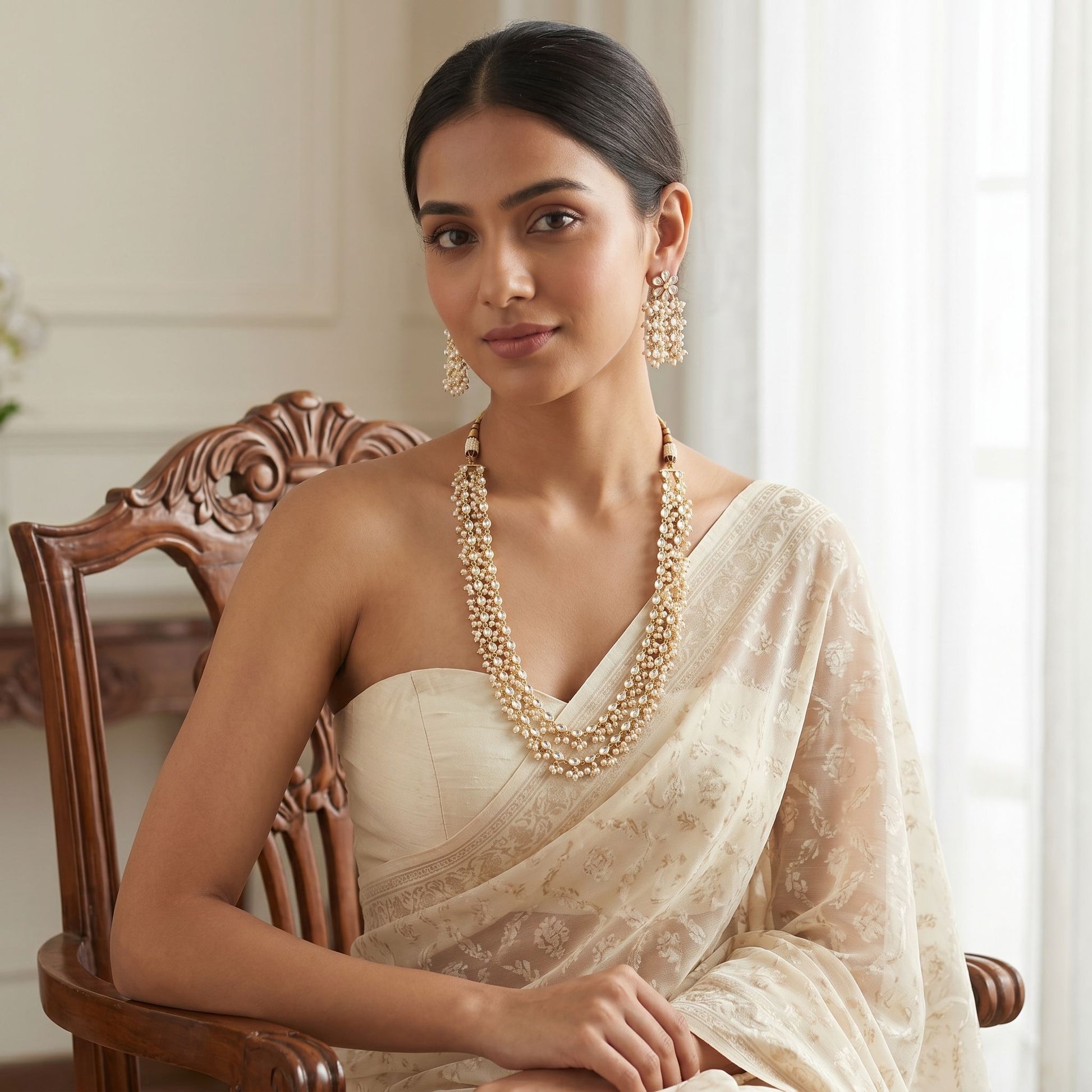 Close-up of a luxurious Kundan and pearl multilayer necklace on an Indian model in saree, highlighting detailed traditional craftsmanship and modern elegance.