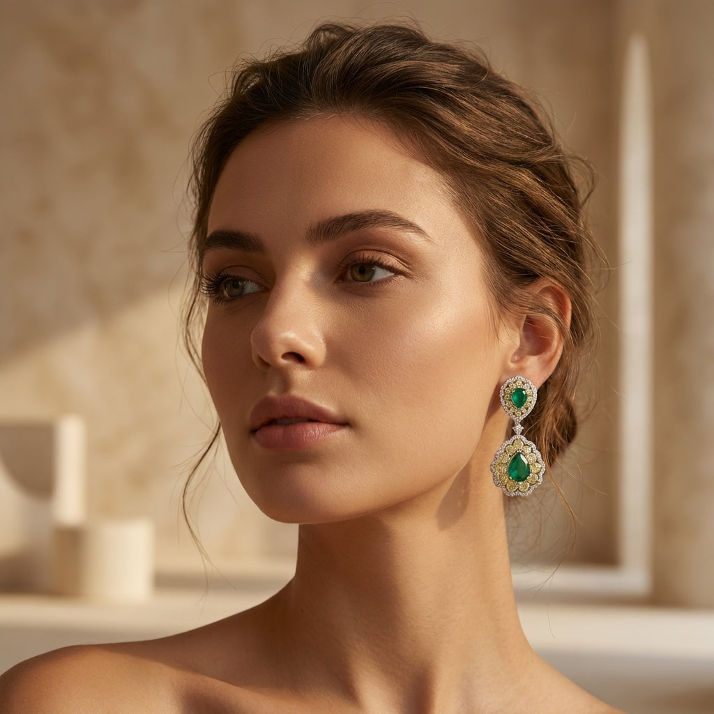 Model wearing small green doublet earrings, captured in a warm studio setting with soft shadows and detailed micro-texture.
