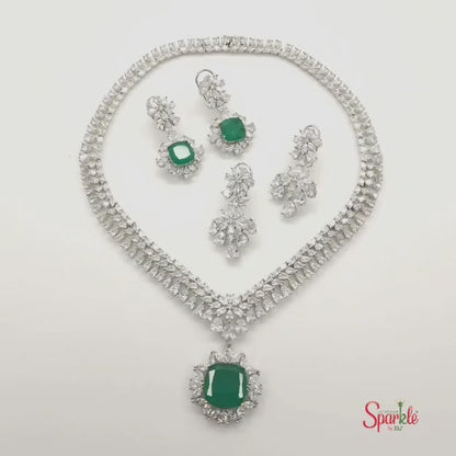 Cz Necklace Set embellished with semiprecious colour stones with 2 pair earrings