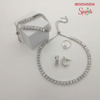 Necklace set with earrings, bracelet & ring fitted with emerald cut Korean Cz with certificate