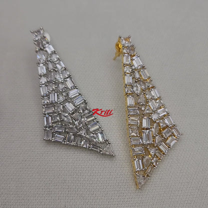 Designer triangular shaped fun earrings embellished with octagonal shaped Korean zirconias