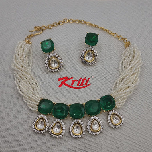 Semiprecious Green Doublets Fine Kundan Choker Set with pearl strings in 24 carat gold plating