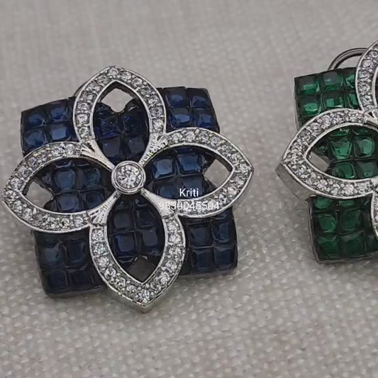 Square cubic zirconia studs embellished with semiprecious colour stones in Invisible Settings