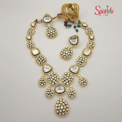 Fine Kundan Long Necklace set with Mina in 24ct Gold rhodium